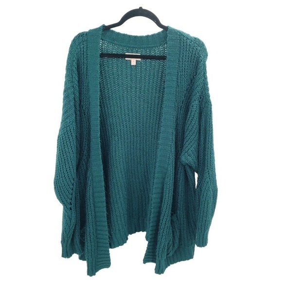 Evri Teal Chunky Knit Sweater Cardigan Womens 1x Open Front Pockets Boyfriend - Picture 2 of 12